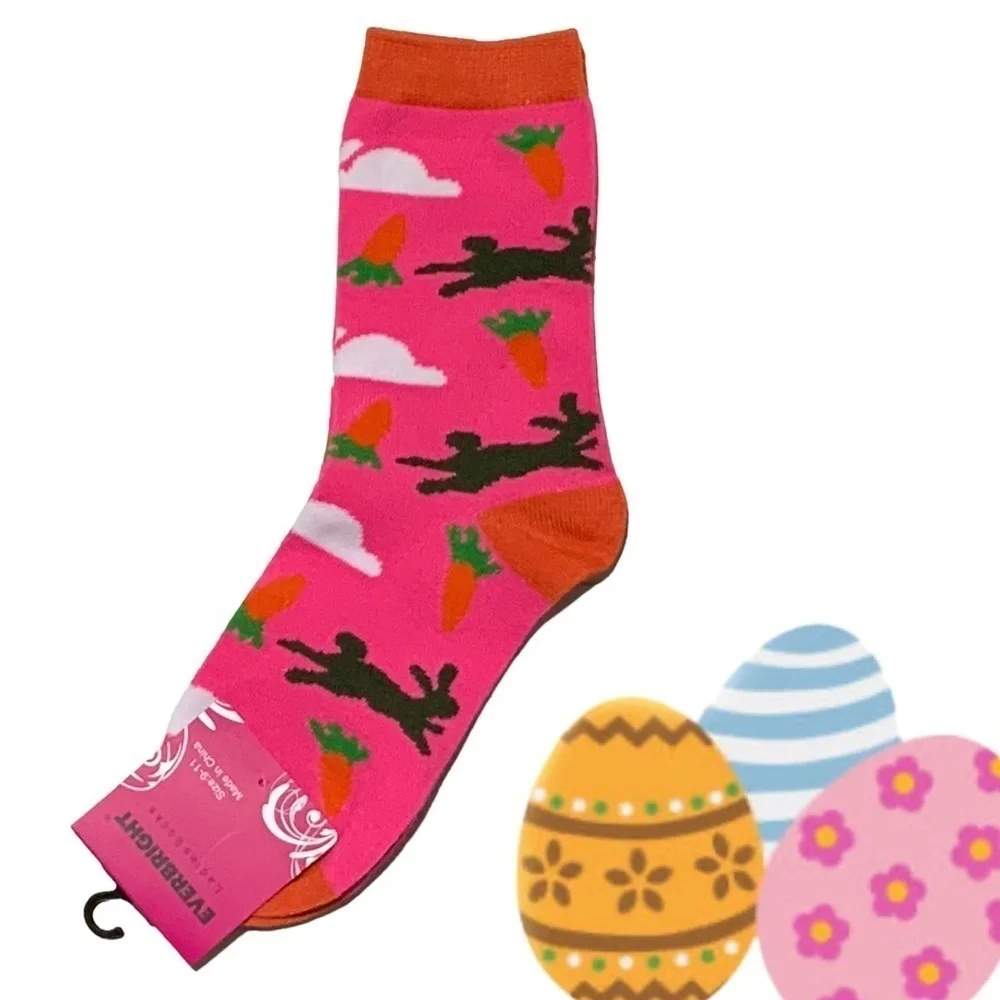 Everbright Easter Socks Women’s Bunny Carrots Novelty Print 9-11 Pink Multicolor